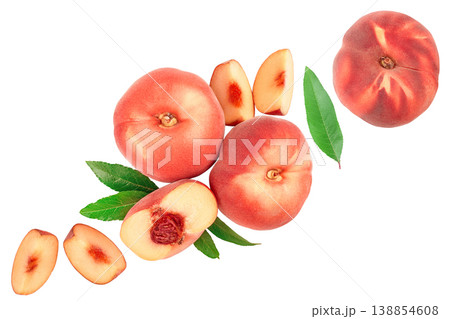 Ripe chinese flat peach fruit and half with leaf isolated on white background. Top view. Flat lay Ripe chinese flat peach fruit and half with leaf isolated on white background. Top view. Flat lay 138854608