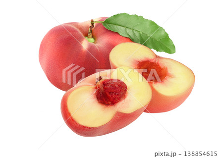ripe chinese flat peach fruit with leaf isolated on white background ripe chinese flat peach fruit with leaf isolated on white background 138854615