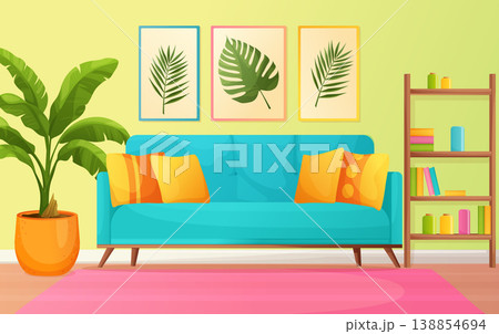 Modern living room interior vector illustration with sofa and plant Modern living room interior vector illustration with sofa and plant 138854694