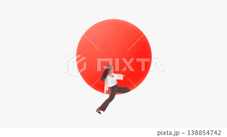 Woman falling in front of red circle representing failure risk and negative outcome scenario. 138854742
