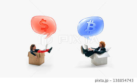 Two people sitting in boxes with currency symbols representing comparison of payment systems. Two people sitting in boxes with currency symbols representing comparison of payment systems. 138854743