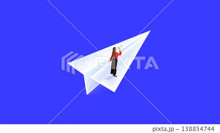 Woman speaking through megaphone on paper airplane representing marketing communication and outreach 138854744