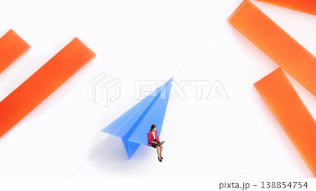 Woman using laptop on paper airplane representing fast workflow and digital communication tools. Woman using laptop on paper airplane representing fast workflow and digital communication tools. 138854754