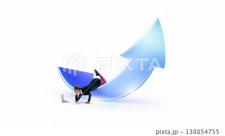 Woman working on laptop sliding down arrow representing drop in performance metrics 138854755