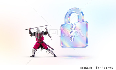 Medieval knight attacking broken holographic padlock symbol of data breach Medieval knight attacking broken holographic padlock symbol of data breach 138854765