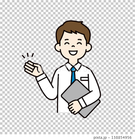 向量圖,描繪了一位身穿襯衫的男士的上半身,他面帶微笑,手持筆記型電腦,正在介紹/引導顧客。 向量圖,描繪了一位身穿襯衫的男士的上半身,他面帶微笑,手持筆記型電腦,正在介紹/引導顧客。 138854956