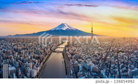 Aerial view of Tokyo cityscape with Fuji mountain in Japan. Aerial view of Tokyo cityscape with Fuji mountain in Japan. 138854992