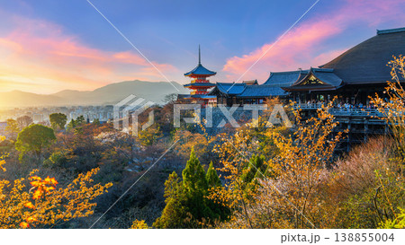 Kiyomizu temple at sunset in Kyoto, Japan. 138855004
