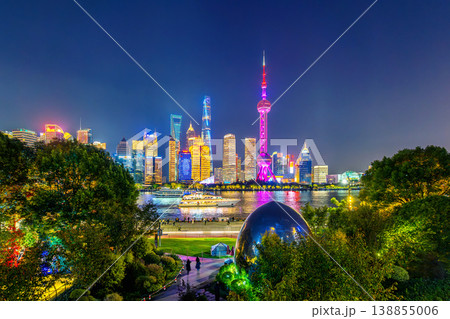 Shanghai city and Huangpu river at night, China. 138855006
