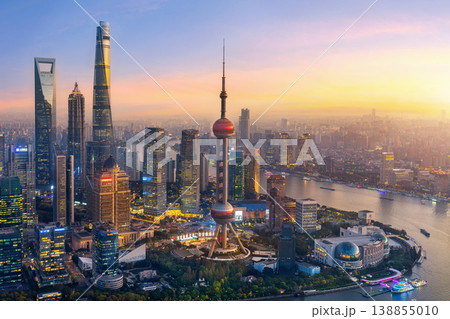 Aerial view of Shanghai city and Huangpu river at sunset, China. 138855010