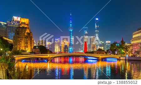 Shanghai city and Huangpu river at night, China. 138855012