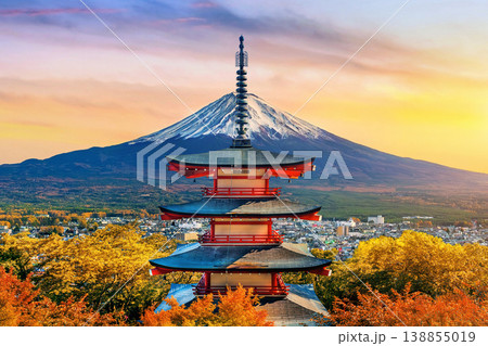 Chureito pagoda and Fuji mountain in autumn, Japan. 138855019