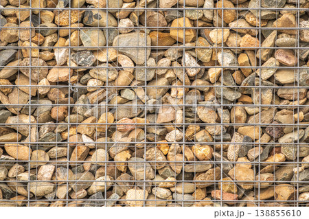 Modern Gabion Wall From Rocks And Stones In Metal Wire Box. Reinforcement and Abutment Protective Construction 138855610