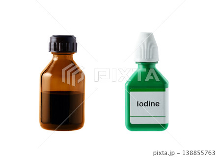 Bottle of iodine antiseptic isolated on white background. Medical disinfectant used for wound care, hygiene, and infection prevention. Iodine antiseptic medicine for disinfection. Bottle of iodine antiseptic isolated on white background. Medical disinfectant used for wound care, hygiene, and infection prevention. Iodine antiseptic medicine for disinfection. 138855763