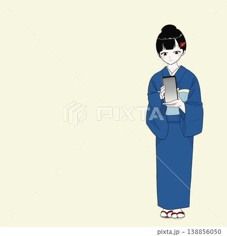 スマートフォンを提示する着物女性 138856050