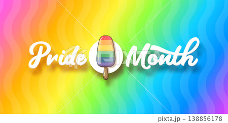 Pride Month celebration banner. Rainbow Pride month popsicle ice cream icon and white script lettering on vibrant wavy background. Modern LGBTQ support graphic for seasonal events and social media. Pride Month celebration banner. Rainbow Pride month popsicle ice cream icon and white script lettering on vibrant wavy background. Modern LGBTQ support graphic for seasonal events and social media. 138856178
