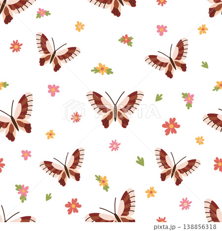 Pattern with butterflies and flowers on a white background 138856318