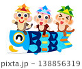こどもの日 こいのぼり子鯉に乗る子ザル3匹 貼り絵キャラクターイラスト 138856319
