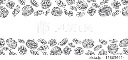 Walnut pattern in black ink drawing style. Hand drawn nut kernels monochrome vector isolated rectangle border for graphic design. Organic food ingredient and healthy snack illustrations Walnut pattern in black ink drawing style. Hand drawn nut kernels monochrome vector isolated rectangle border for graphic design. Organic food ingredient and healthy snack illustrations 138856424