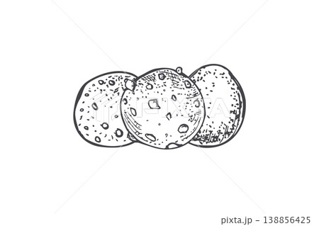Three chocolate chip cookies hand drawn vector isolated illustration. Sketch of round biscuit snack. Monochrome traditional sweet confectionery dessert for bakery design, dessert recipes 138856425