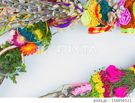 willow Sunday background of willow branches, willow bouquets. Easter top view. place for text 138856521