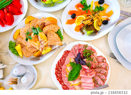 meal at the banquet. good cuts of meat, cheese. the holiday table meal at the banquet. good cuts of meat, cheese. the holiday table 138856532