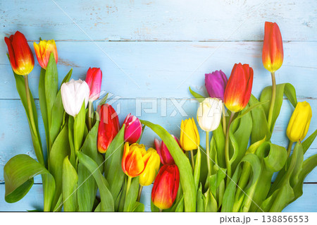 Bouquet of tulips on blue wooden table. Happy women's day. 8 March., Mother's Day. Bouquet of tulips on blue wooden table. Happy women's day. 8 March., Mother's Day. 138856553