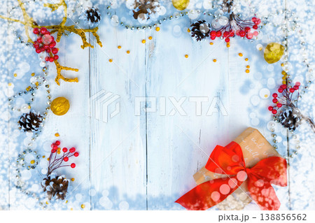 Christmas wooden background with snow branch. Top view with copy space for your text 138856562