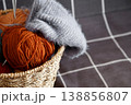 Basket holding vibrant yarn balls prepared for knitting and crafting projects 138856807