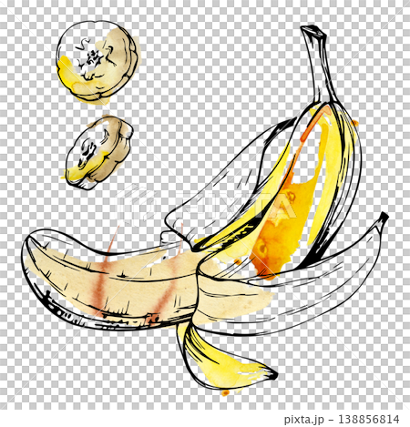Yellow peeled banana exotic tropical fruit, whole and sliced pieces. Isolated illustration hand drawn in watercolor. Smoothie recipes, breakfast menus, baking guides, grocery labels, packaging design. 138856814