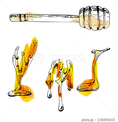 Golden honey drip trickle, wooden dipper spoon hand drawn in watercolor bleed, fine ink contour. Tea packaging, natural sweetener branding, bakery labels, organic product marketing, breakfast menus 138856815