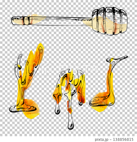 Golden honey drip trickle, wooden dipper spoon hand drawn in watercolor bleed, fine ink contour. Tea packaging, natural sweetener branding, bakery labels, organic product marketing, breakfast menus 138856815