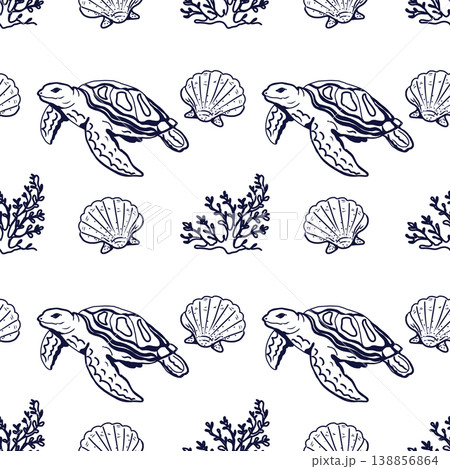 Hand drawn seamless pattern with sea turtles and shells on white background. Hand drawn seamless pattern with sea turtles and shells on white background. 138856864