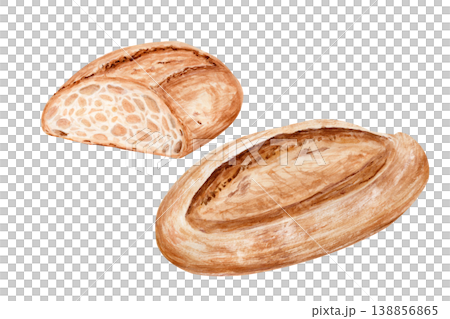 Artisan sourdough bread watercolor set whole loaf, cut slice with detailed crumb texture. Hand painted rustic bakery illustration for packaging design, organic branding, bakery product presentation Artisan sourdough bread watercolor set whole loaf, cut slice with detailed crumb texture. Hand painted rustic bakery illustration for packaging design, organic branding, bakery product presentation 138856865