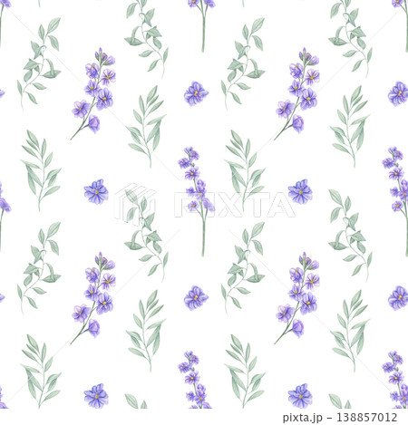 Watercolor seamless pattern with purple flowers and green leaves on isolated background. Flowered blue Matthiola botanical illustration. Nature print design for textile and wrapping paper 138857012