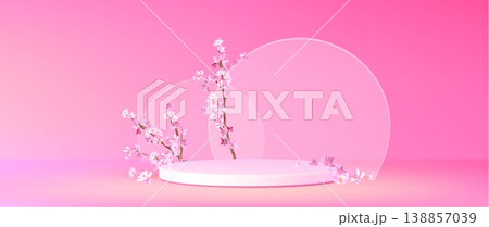 Podium with cherry blossom, flying pink petals 138857039