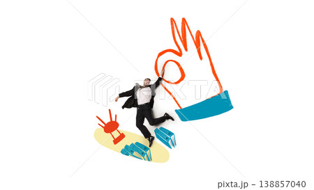 Falling businessman near approval symbol in hand-drawn illustration style. 138857040