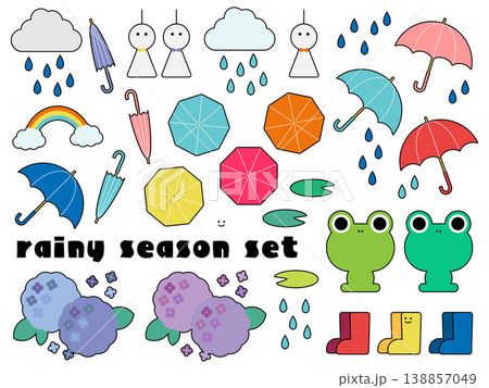 ポップな梅雨のイラストセット（線あり） 138857049