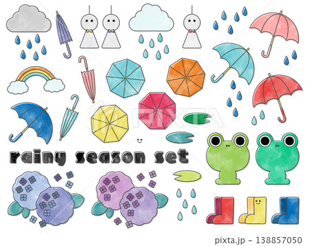 ポップな梅雨のイラストセット（水彩風） 138857050