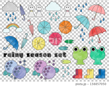 ポップな梅雨のイラストセット（水彩風） 138857050