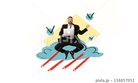 Calm businessman using laptop on childlike illustration style cloud surrounded by check marks. 138857051