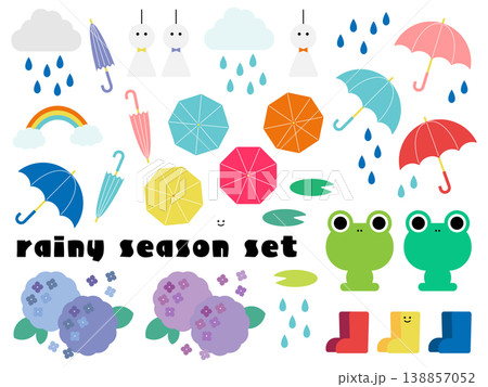 ポップな梅雨のイラストセット ポップな梅雨のイラストセット 138857052