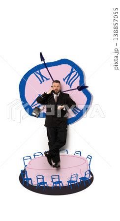 Businessman talking on phone and checking wristwatch standing on round table with hand drawn clock background 138857055