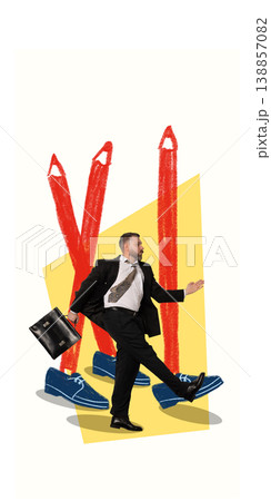 Businessman walking forward through obstacles in childlike illustration style. Businessman walking forward through obstacles in childlike illustration style. 138857082
