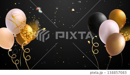 Gold, white balloons and confetti on black bg Gold, white balloons and confetti on black bg 138857083
