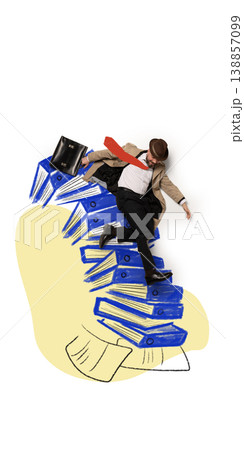 Businessman falling from stack of folders in chaotic workload overload situation. Businessman falling from stack of folders in chaotic workload overload situation. 138857099