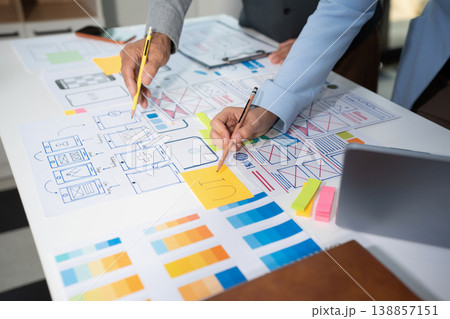 Creative digital development agency. developer team brainstorming on their project with laptop, smartphone and digital tablet. 138857151