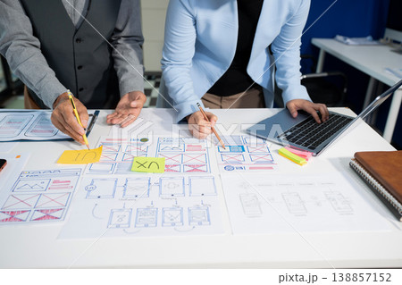 Creative digital development agency. developer team brainstorming on their project with laptop, smartphone and digital tablet. Creative digital development agency. developer team brainstorming on their project with laptop, smartphone and digital tablet. 138857152
