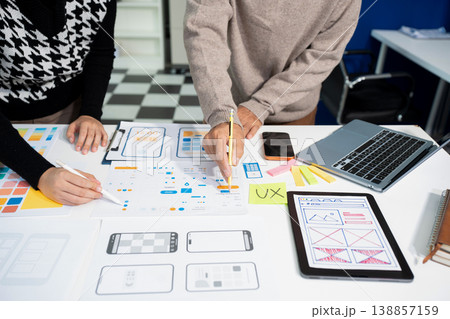 Creative digital development agency. developer team brainstorming on their project with laptop, smartphone and digital tablet. Creative digital development agency. developer team brainstorming on their project with laptop, smartphone and digital tablet. 138857159