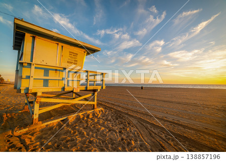 Lifeguard tower in Malibu shore at sunset 138857196